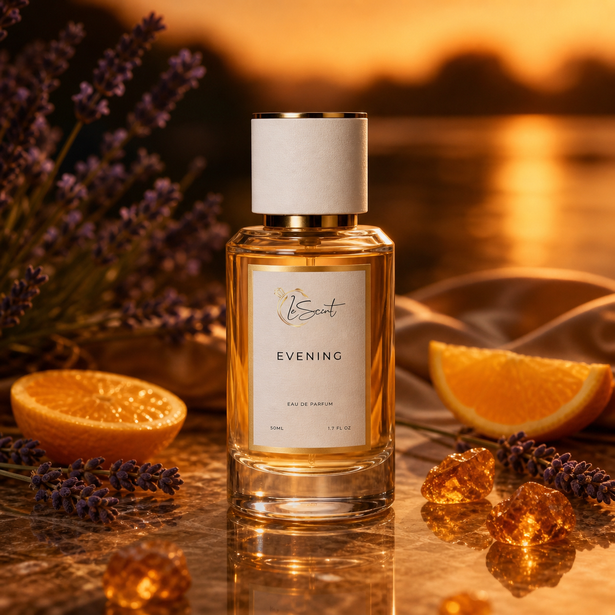 A bottle of LeScent Evening Eau de Parfum stands on a reflective surface with a warm sunset background. The clear glass bottle contains amber-toned liquid and has a white label with gold text.