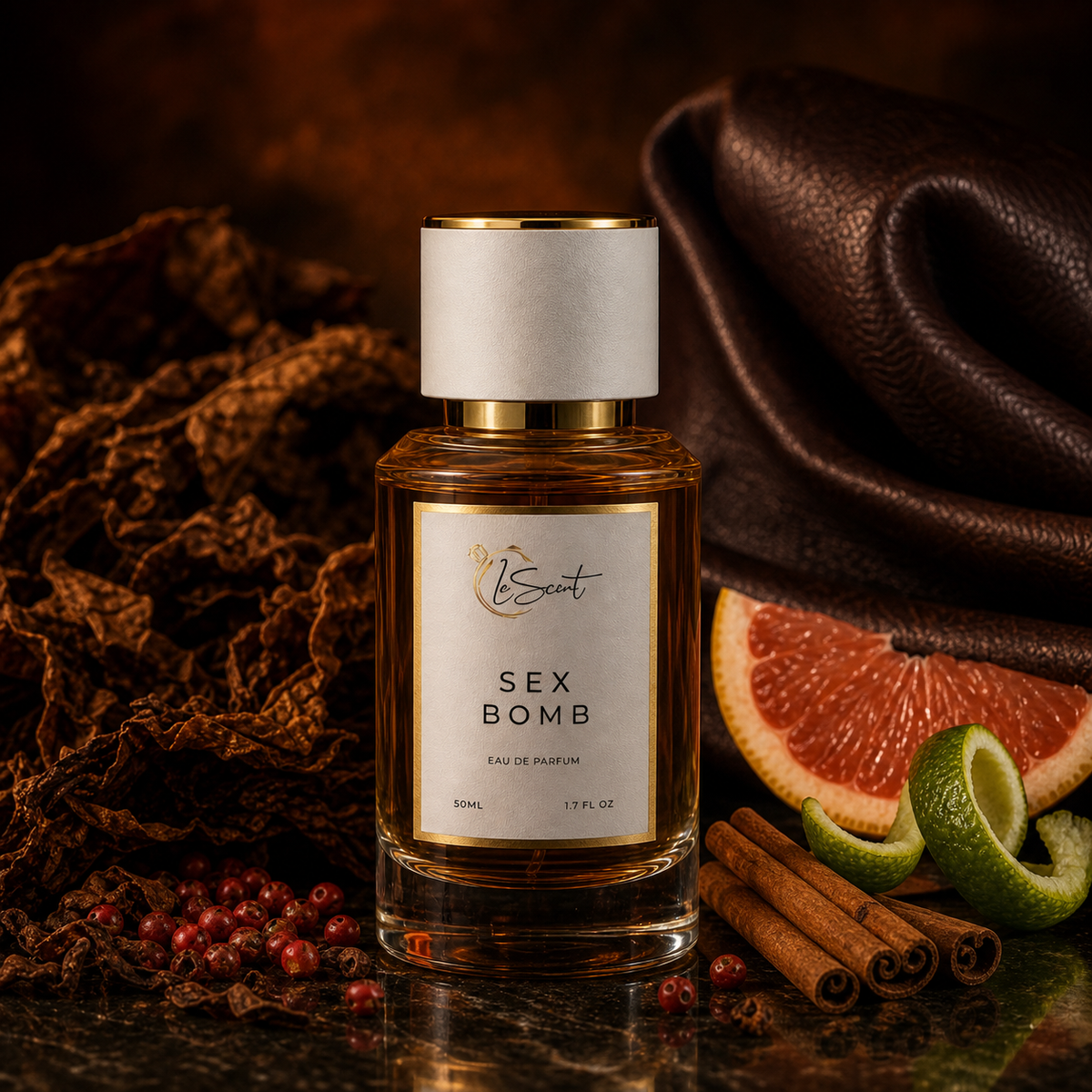 A bottle of Sex Bomb Eau de Parfum by leScent, featuring amber liquid, a white label with gold trim, and a white cap with gold detailing. The bottle is styled on a dark reflective surface with cinnamon sticks, a grapefruit slice, lime, and red berries, flanked by dark brown leather and dried brown botanicals.