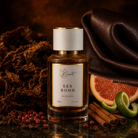 A bottle of Sex Bomb Eau de Parfum by leScent, featuring amber liquid, a white label with gold trim, and a white cap with gold detailing. The bottle is styled on a dark reflective surface with cinnamon sticks, a grapefruit slice, lime, and red berries, flanked by dark brown leather and dried brown botanicals.