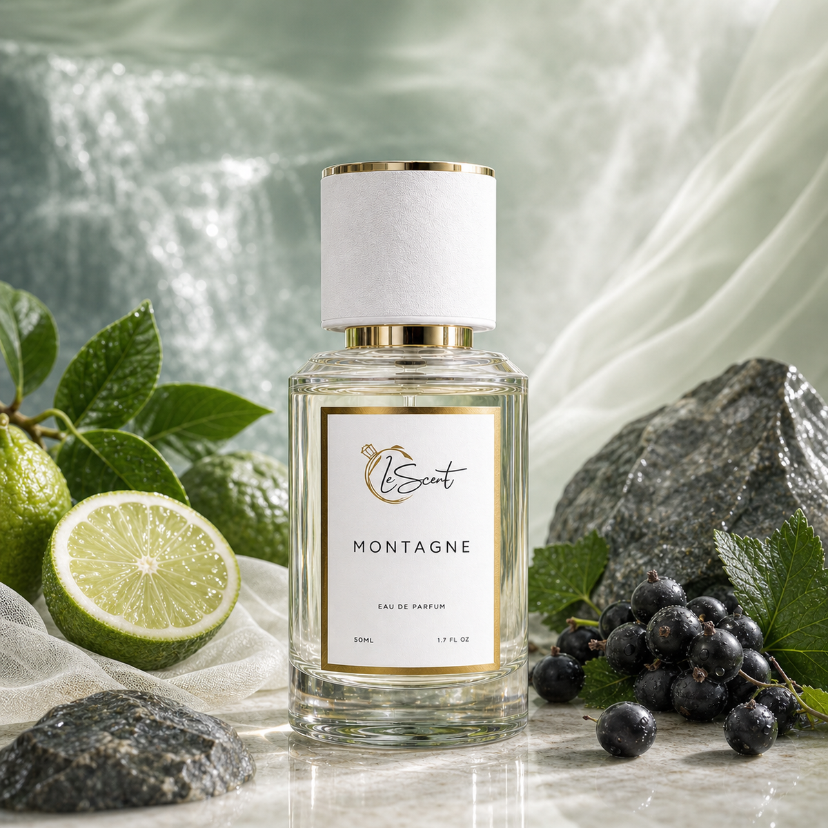 A clear glass perfume bottle with a white cylindrical cap and gold trim, labeled 'LeScent Montagne', styled on a marble surface with limes, dark berries, green leaves, and gray rocks against a soft misty green background.