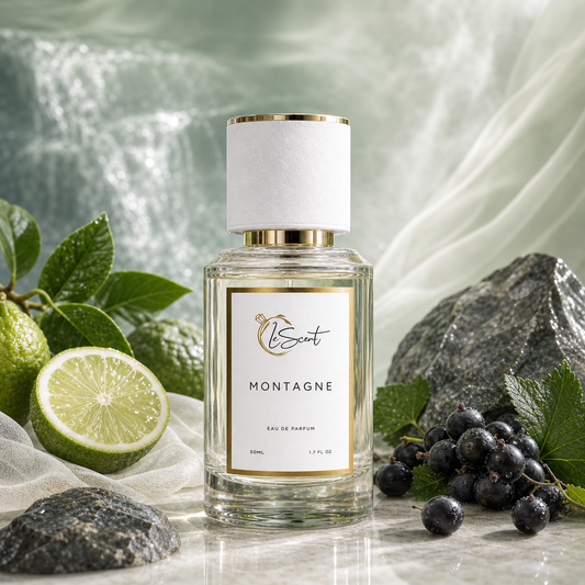 A clear glass perfume bottle with a white cylindrical cap and gold trim, labeled 'LeScent Montagne', styled on a marble surface with limes, dark berries, green leaves, and gray rocks against a soft misty green background.