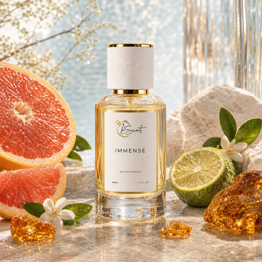 A bottle of Immense Eau de Parfum by the brand LeScent, styled with citrus fruits, flowers, and amber crystals on a reflective marble surface.