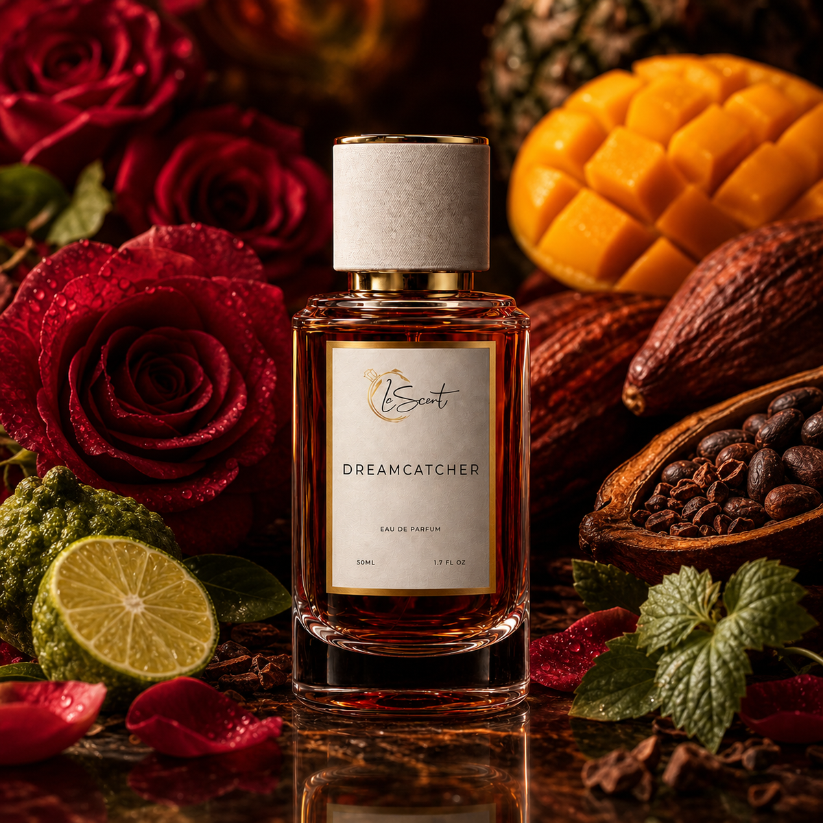 A bottle of LeScent Dreamcatcher Eau de Parfum centered on a reflective dark surface, surrounded by richly styled tropical and floral props including red roses, mango, cacao pods, lime, mint, and rose petals.