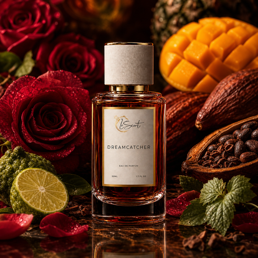A bottle of LeScent Dreamcatcher Eau de Parfum centered on a reflective dark surface, surrounded by richly styled tropical and floral props including red roses, mango, cacao pods, lime, mint, and rose petals.