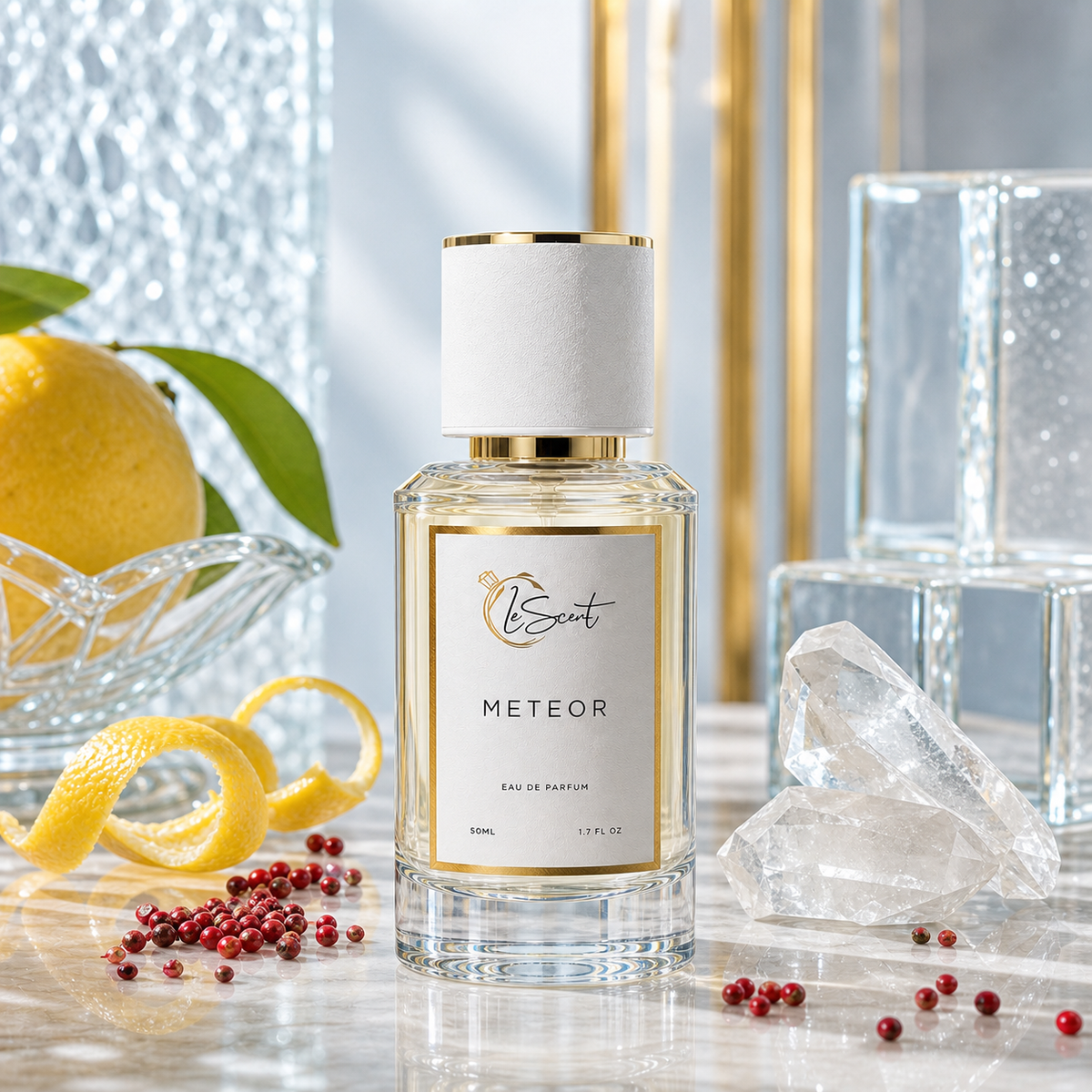A clear glass perfume bottle labeled LeScent Meteor stands on a marble surface with a white cap and gold trim. The scene includes a lemon, green leaves, red berries, and clear glass props against a bright, softly lit background.