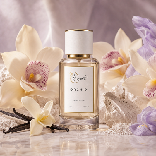 A bottle of Lescent Orchid Eau de Parfum centered on a polished marble surface, surrounded by cream orchids, purple flowers, vanilla beans, and textured stone pieces against a soft lavender backdrop.