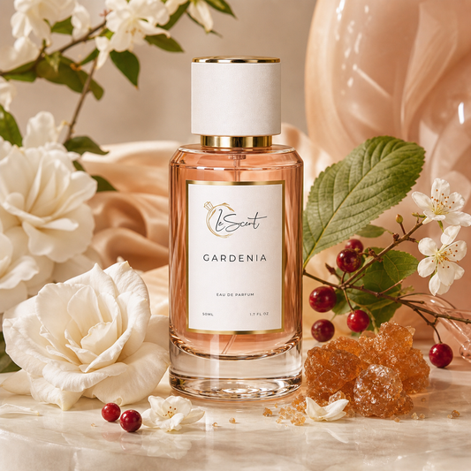 A perfume bottle labeled 'LeScent Gardenia' stands centered on a draped satin surface surrounded by white roses, cherry blossoms, red berries, and amber crystal.