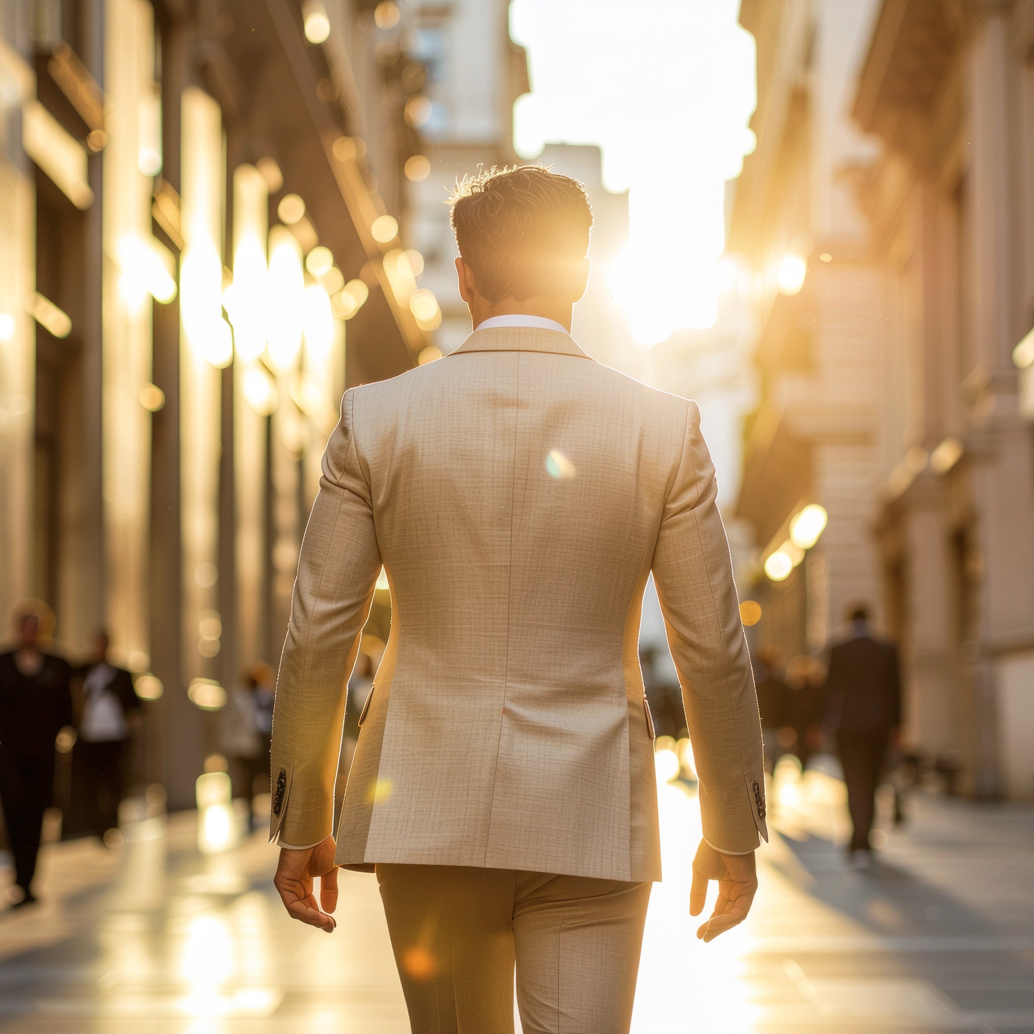 A confident man in a tailored beige suit walks through a sunlit city street during golden hour, light reflecting off the buildings around him, creating a warm and powerful masculine atmosphere.