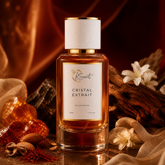 A bottle of V.Scent Cristal Extrait Eau de Parfum with amber liquid, a white label, and a white cap with gold trim, styled with dried flowers, spices, and wood on a warm brown background.