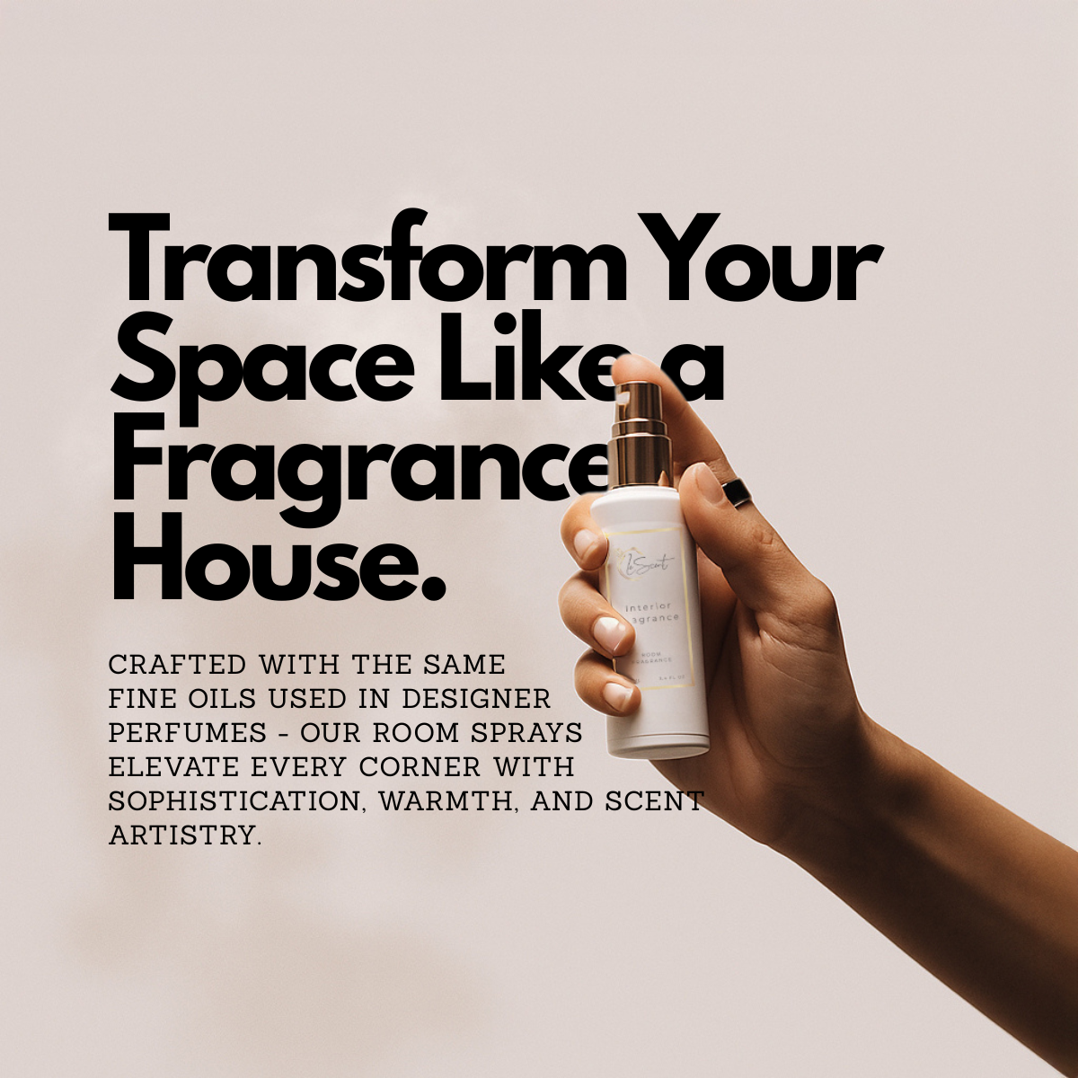 Hand holding a LeScent Interior Fragrance spray bottle — headline reads ‘Transform Your Space Like a Fragrance House’, highlighting premium room sprays crafted with designer-grade perfume oils.