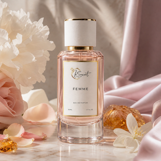 A 50ml bottle of Saint Femme Eau de Parfum with a white cap and gold trim, set on a marble surface surrounded by soft pink roses, petals, and draped pink satin fabric.