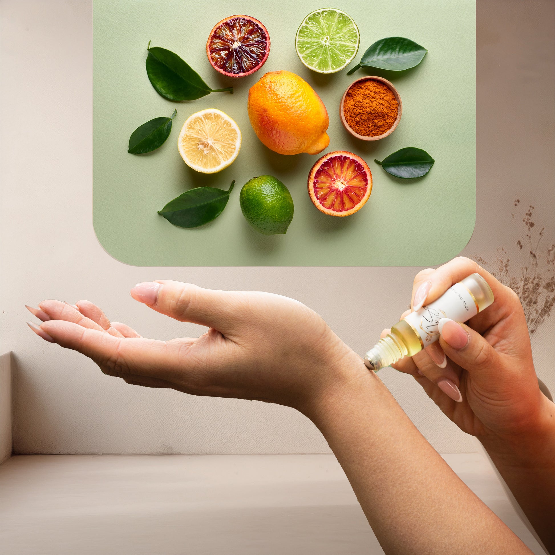 Applying LeScent Hollywood perfume oil roll-on inspired by Louis Vuitton City of Stars — bright blend of citrus, mandarin and lime creating a luminous floral scent.