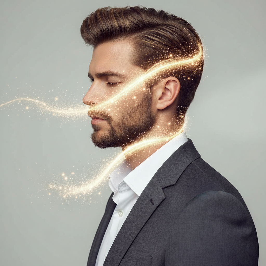 Side profile of a confident man in a charcoal suit with neatly styled hair and a trimmed beard, surrounded by golden light trails symbolizing energy, charisma, and the power of masculine fragrance.