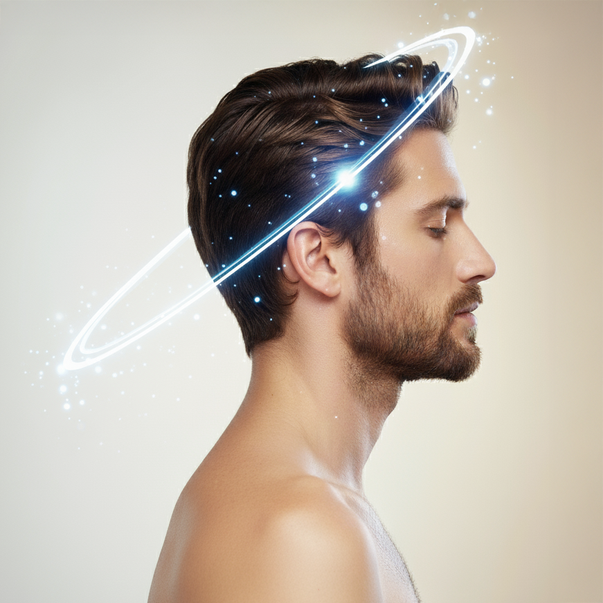 Side profile of a man with styled brown hair and beard, eyes closed, surrounded by glowing blue light rings symbolizing freshness, vitality, and the clean masculine energy of fragrance diffusion.