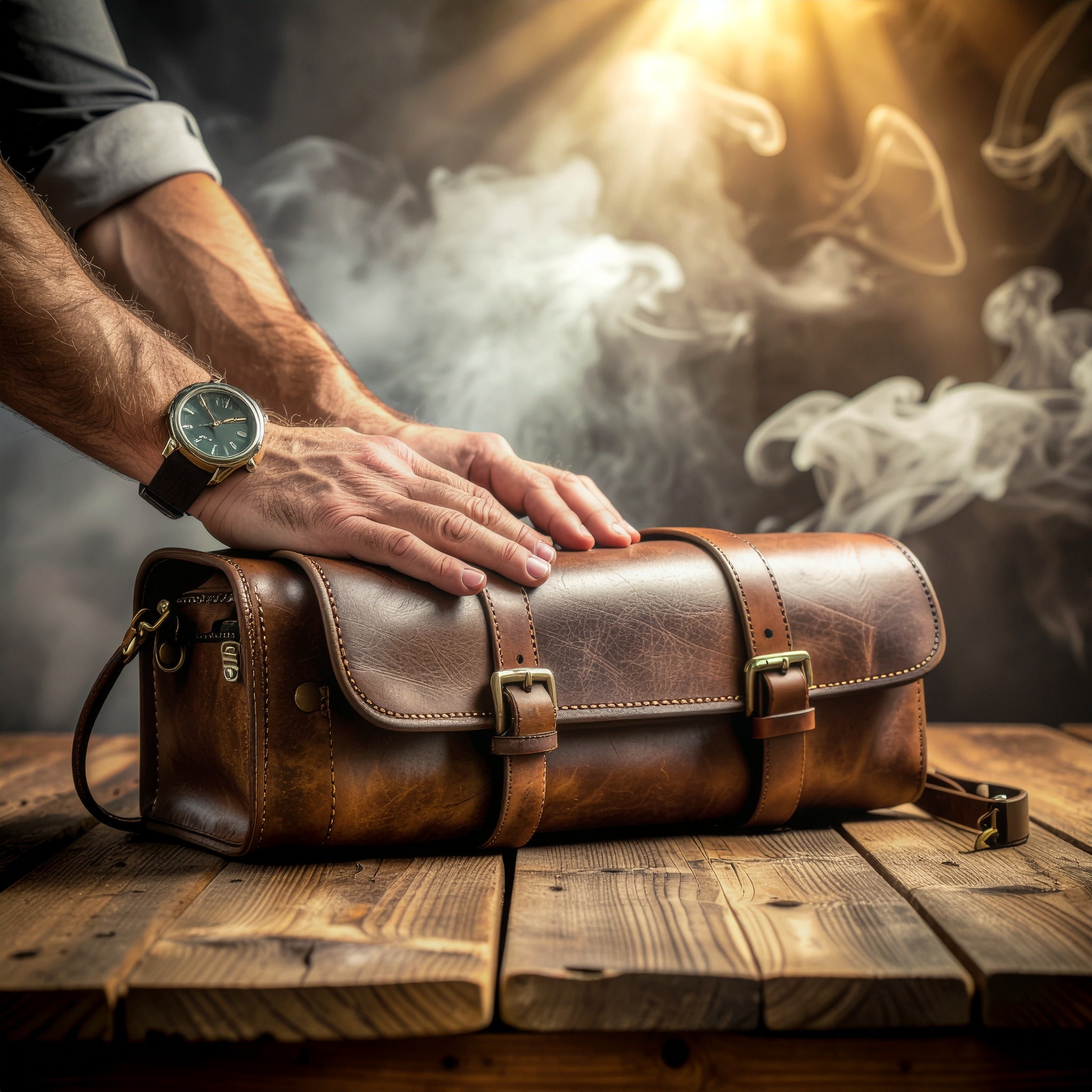 An atmospheric, masculine image for Lescent's men's collection, showing a man's hands wearing a classic watch, resting on a rich brown leather travel bag on a rustic wooden table, with warm light and smoke in the background. This evokes the feeling of a sophisticated, woody, and leathery fragrance.