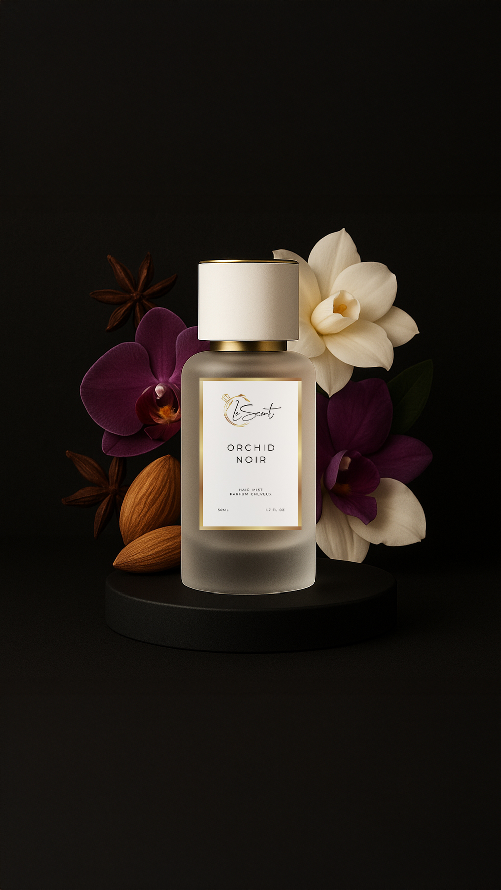LeScent Orchid Noir Hair Mist bottle with orchid and almond floral background on dark backdrop – luxury perfume for hair made in Australia with fine French oils.