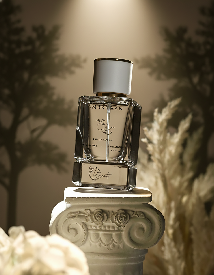 Close-up of LeScent Ambroxan perfume bottle on a sculpted pedestal with soft golden lighting and botanical shadows — representing minimalist luxury and timeless fragrance design.