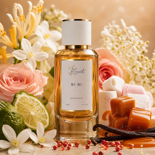 A bottle of RIRI by iScout Eau de Parfum centered in a styled arrangement with pink roses, white flowers, limes, marshmallows, caramel cubes, vanilla beans, and small red berries on a warm beige background.