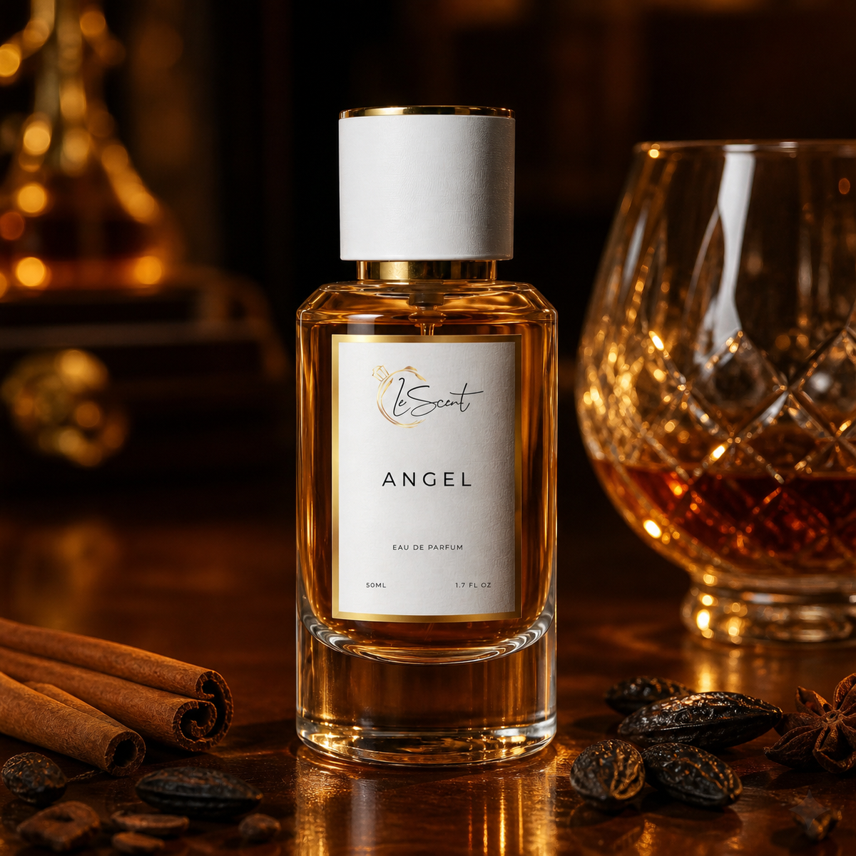 A bottle of Angel Eau de Parfum by lescent, filled with amber liquid and featuring a white label with gold details, set on a wooden surface with cinnamon sticks, star anise, and a whiskey glass in the background.