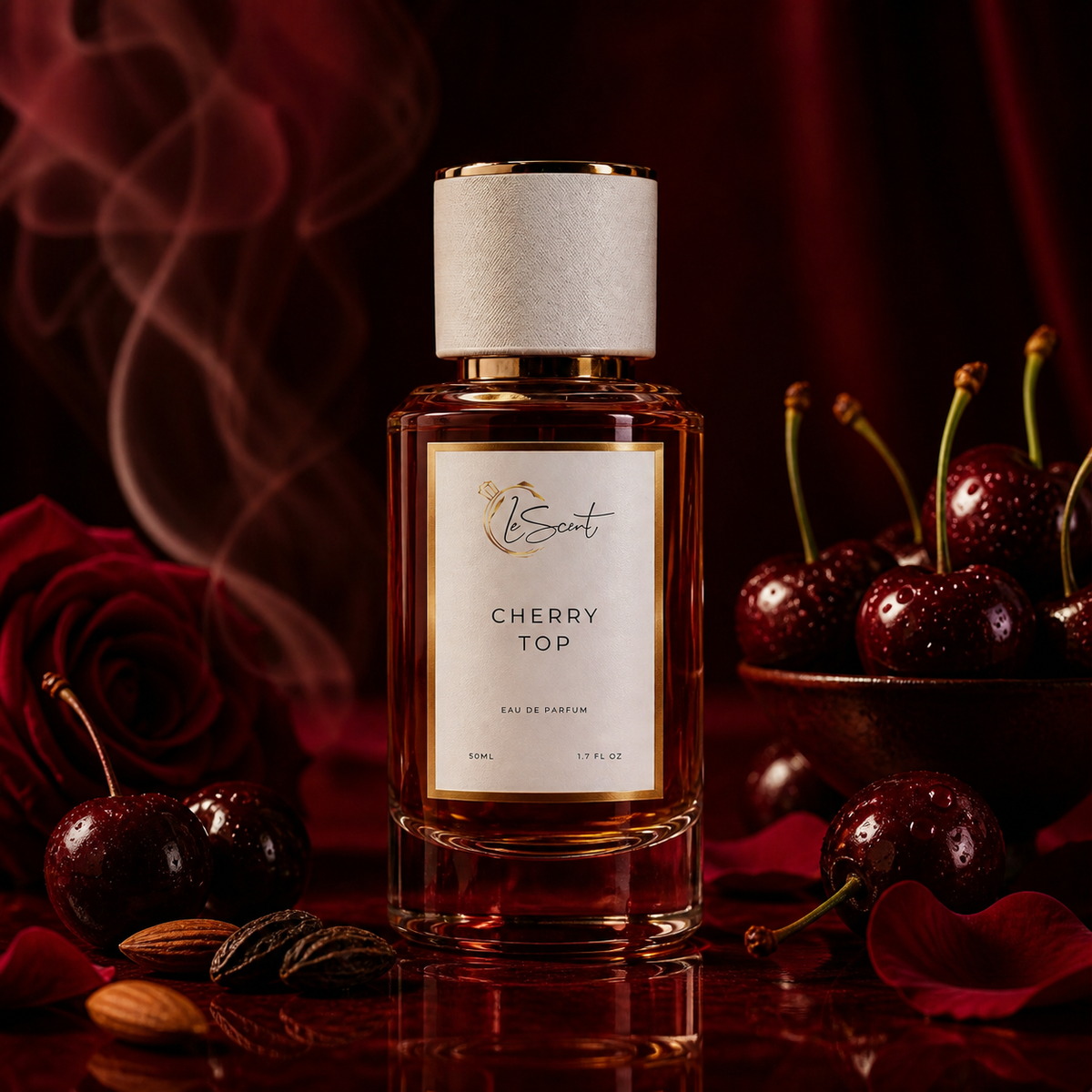 A bottle of Essent Cherry Top Eau de Parfum is centered on a reflective dark surface, surrounded by fresh cherries, rose petals, almonds, and a smoky red background.