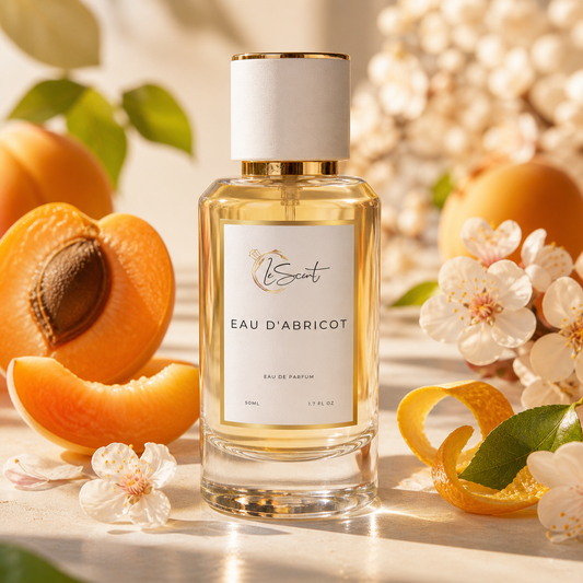 A bottle of BScout Eau d'Abricot perfume stands centered on a sunlit surface, surrounded by apricots, peach slices, blossoms, and citrus peel. The bottle has a white cap with a gold band, clear glass, and a white label with gold text.