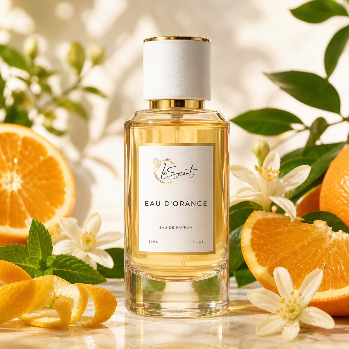 A bottle of l'Enchanteur Eau D'Orange perfume centered on a marble surface, surrounded by fresh orange slices, white flowers, mint leaves, and green foliage against a softly lit background.