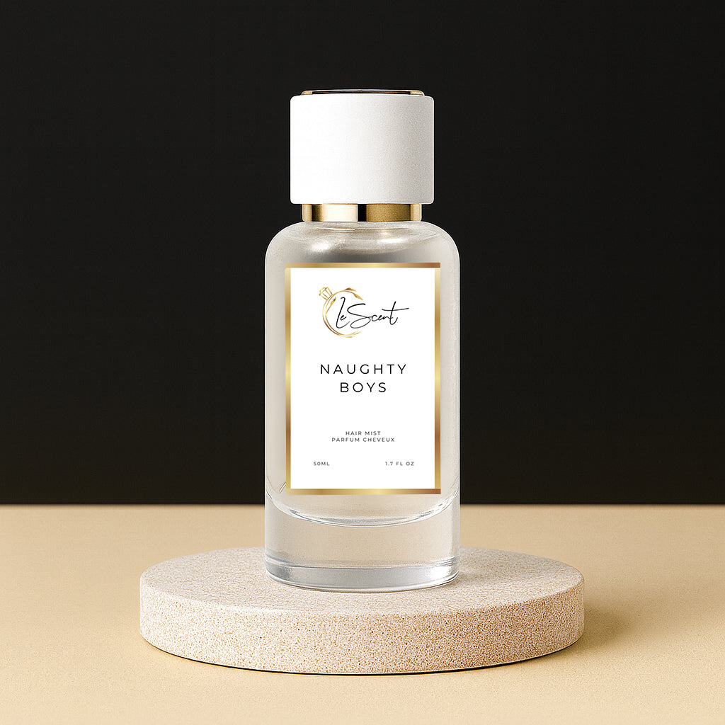 LeScent Naughty Boys hair mist inspired by Carolina Herrera Bad Boy — warm spicy and ambery hair perfume with tonka bean and cacao for a sophisticated and modern fragrance.