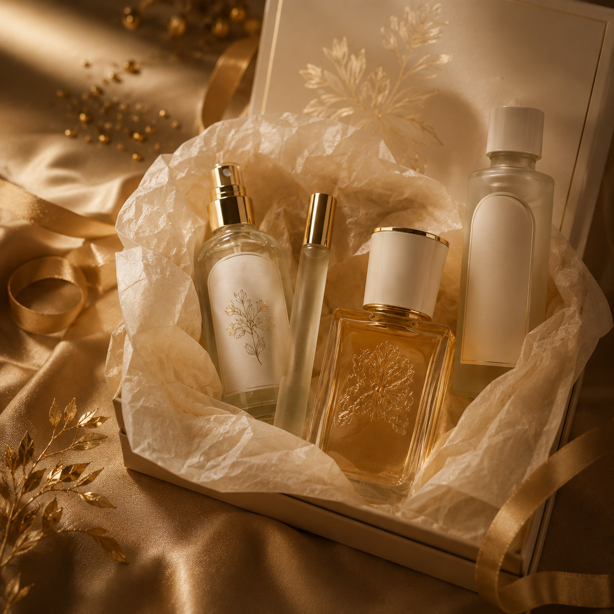 Set of perfume bottles in a decorative box with gold ribbons and leaves on a warm-toned background