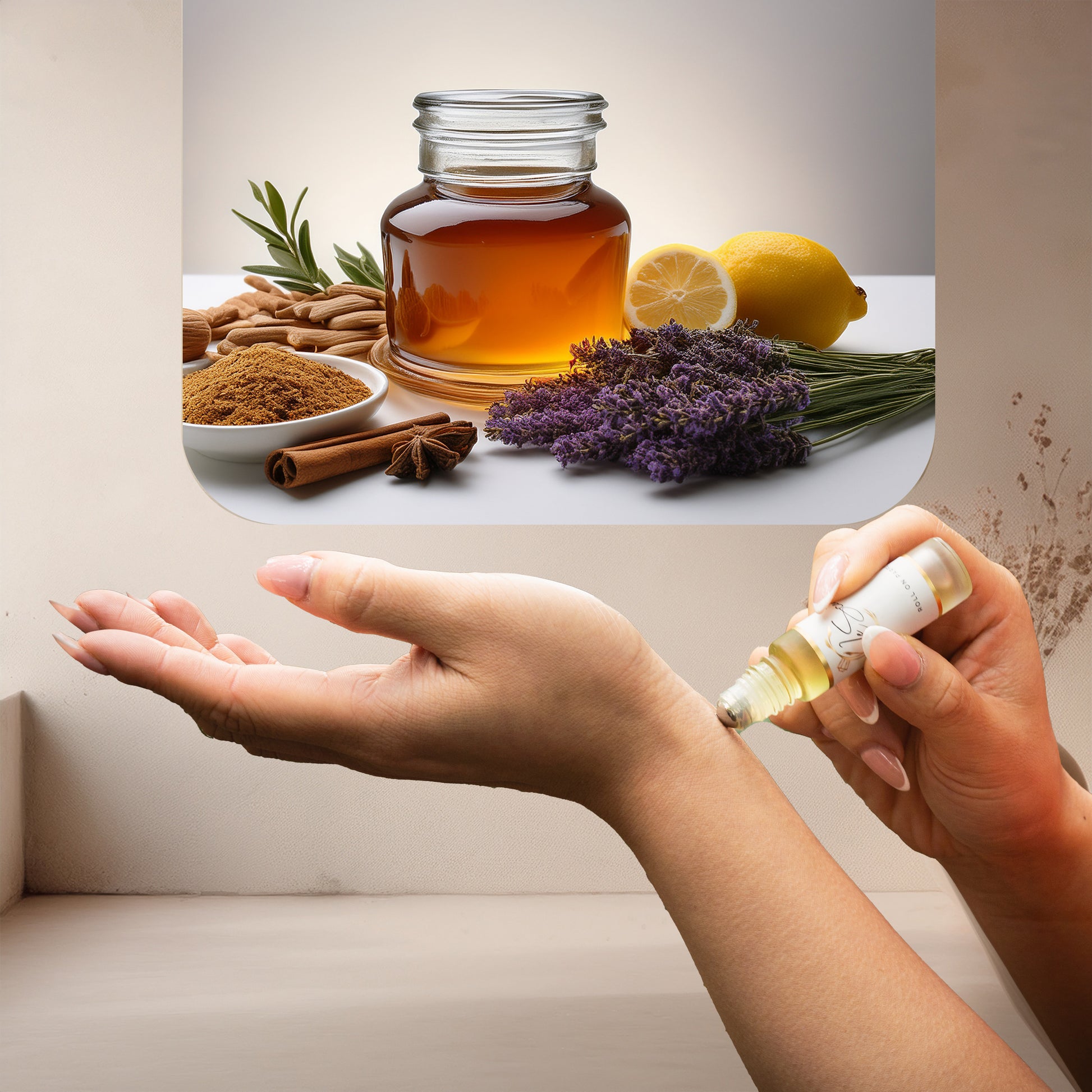 Applying LeScent 1861 perfume oil roll-on inspired by Xerjoff Naxos — rich blend of honey, tobacco, cinnamon and lemon creating a luxurious aromatic scent.