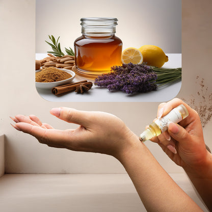 Applying LeScent 1861 perfume oil roll-on inspired by Xerjoff Naxos — rich blend of honey, tobacco, cinnamon and lemon creating a luxurious aromatic scent.