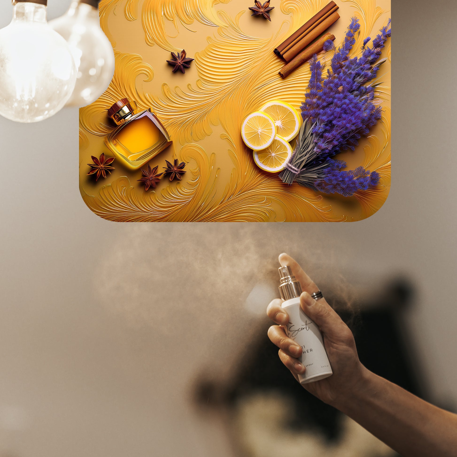 Spraying LeScent 1861 room spray inspired by Xerjoff Naxos — aromatic home fragrance freshener mist with warm honey, lavender and tobacco notes filling the air.