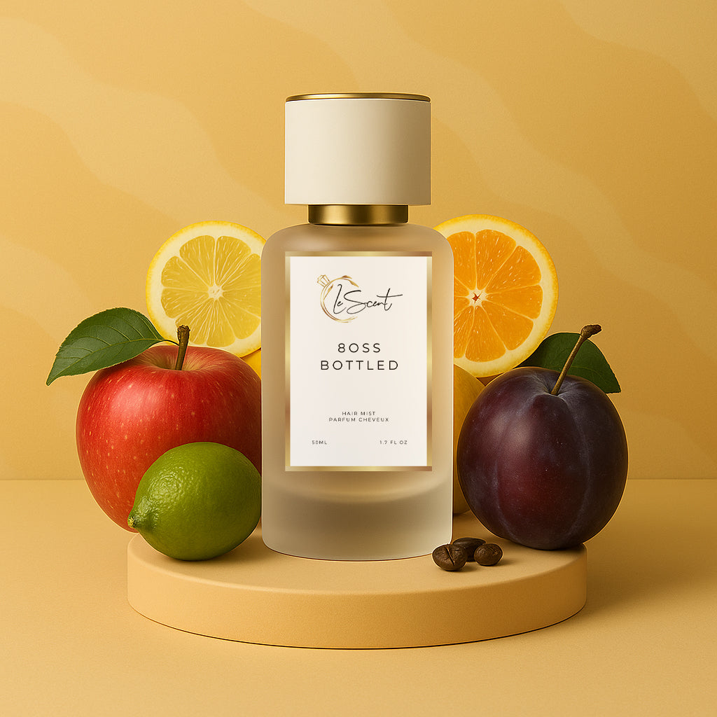 LeScent 8oss Bottled hair perfume mist with ingredient notes of fresh apple, plum, and citrus, a classic woody-spicy fragrance inspired by Boss Bottled.