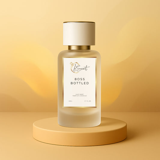 LeScent 8oss Bottled hair mist bottle on a tan pedestal with a wavy golden-tan background, inspired by Boss Bottled.