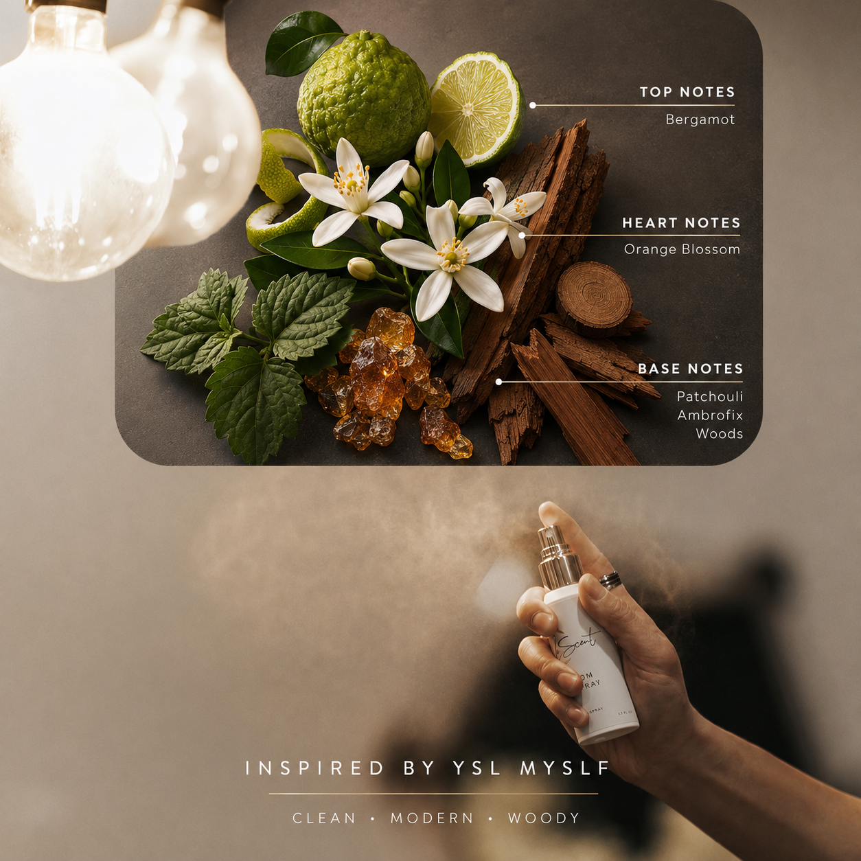LeScent 8oss Bottled room fragrance inspired by YSL MYSLF with bergamot, orange blossom and modern woods.