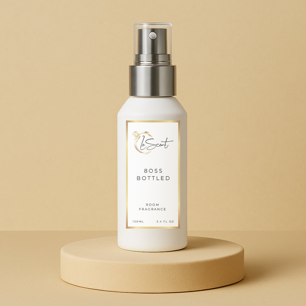 LeScent 8oss Bottled room spray bottle on a tan pedestal with a solid tan background, inspired by Boss Bottled.
