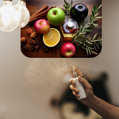 Spraying LeScent 8oss Bottled home fragrance air freshener, a classic scent with apple, cinnamon, and woody accords, inspired by Boss Bottled.