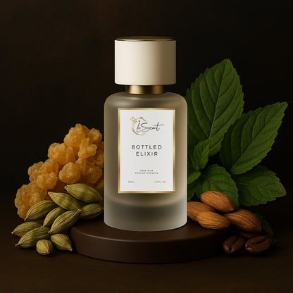 LeScent 8ottled Elixir hair perfume mist with ingredient notes of cardamom, almond, and fresh mint, a complex ambery fragrance inspired by Boss Bottled.