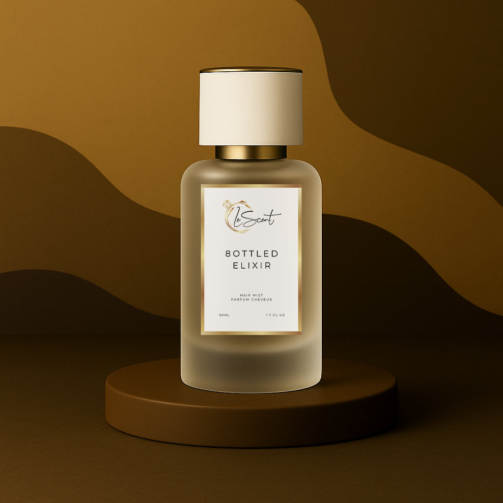 LeScent 8ottled Elixir hair mist bottle on a dark brown pedestal with a wavy dark brown background, inspired by Boss Bottled.