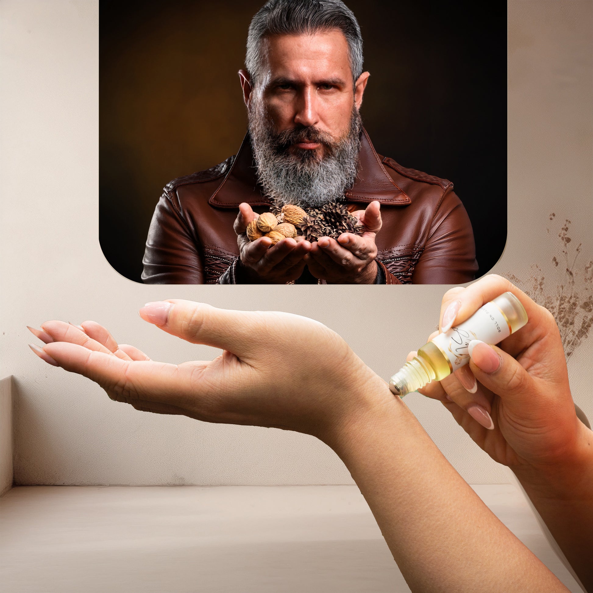 Applying LeScent 8ottled Elixir perfume oil, a warm and nutty fragrance with coffee and woody notes inspired by Boss Bottled, to the wrist.