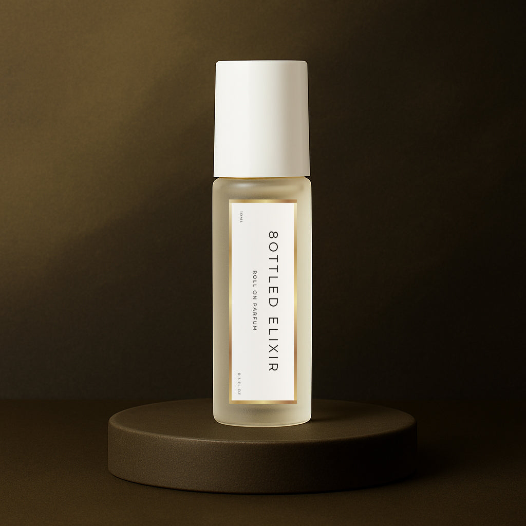 LeScent 8ottled Elixir perfume oil roll-on bottle on a dark brown pedestal with a solid dark brown background, inspired by Boss Bottled.