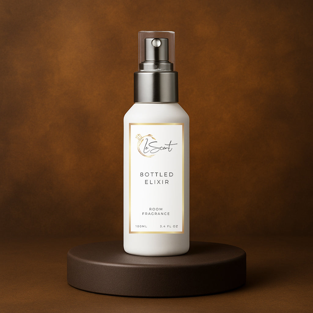 LeScent 8ottled Elixir room spray bottle on a dark brown pedestal with a dark brown gradient background, inspired by Boss Bottled.