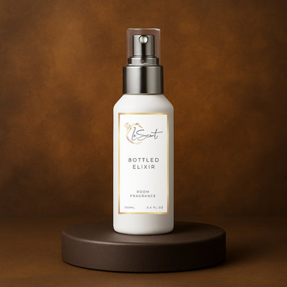 LeScent 8ottled Elixir room spray bottle on a dark brown pedestal with a dark brown gradient background, inspired by Boss Bottled.