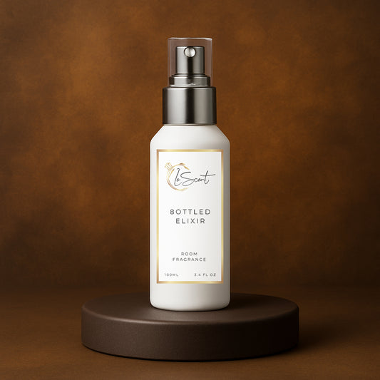LeScent 8ottled Elixir room spray bottle on a dark brown pedestal with a dark brown gradient background, inspired by Boss Bottled.