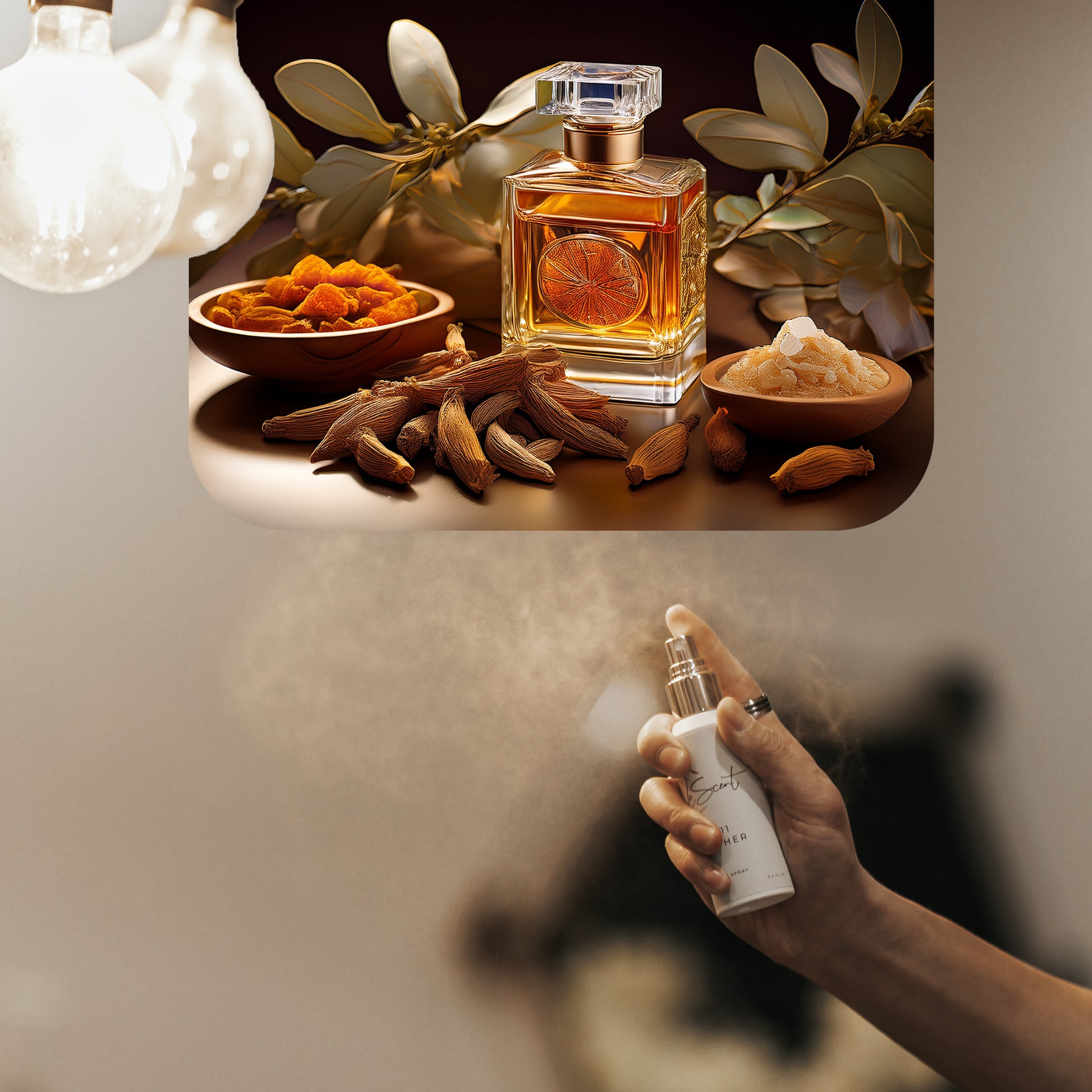 Spraying LeScent 8ottled Elixir home fragrance air freshener, a warm ambery scent with cardamom and citrus accords, inspired by Boss Bottled.