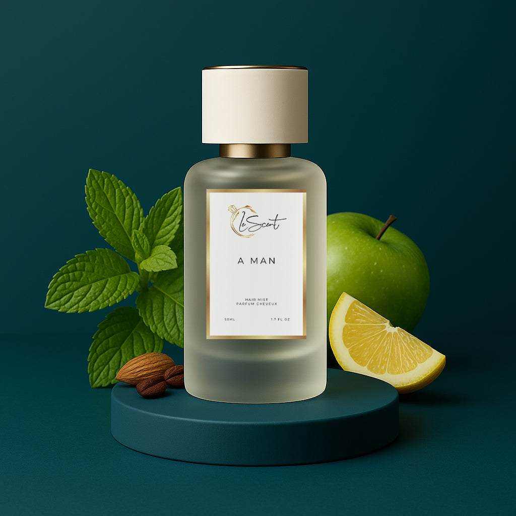 LeScent A Man hair perfume mist with ingredient notes of fresh mint, green apple, and lemon, an aromatic-fougere fragrance inspired by Versace Eros.