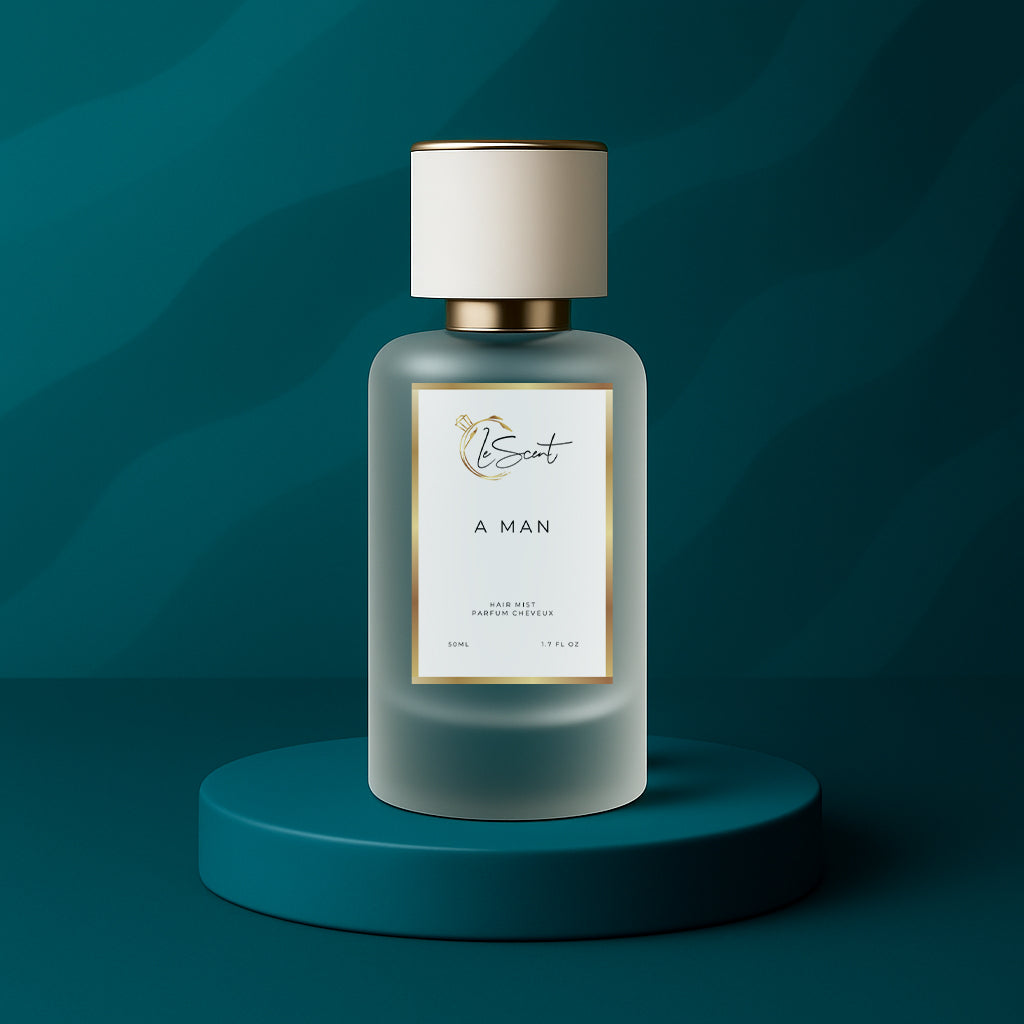 LeScent A Man hair mist bottle on a teal pedestal with a dark teal wavy background, inspired by Versace Eros.