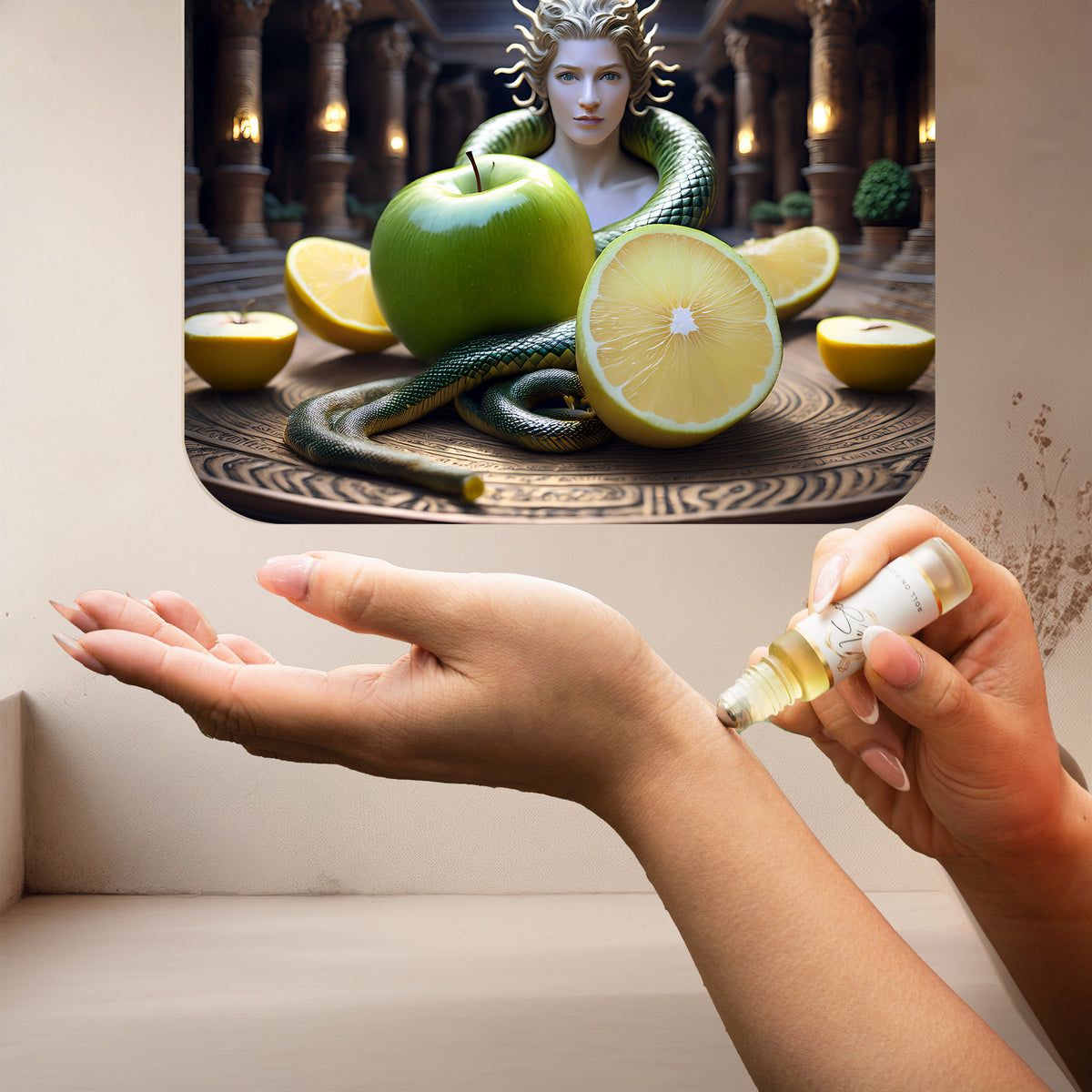 Applying LeScent A Man perfume oil, a fresh and woody fragrance with mint and lemon notes inspired by Versace Eros, to the wrist.