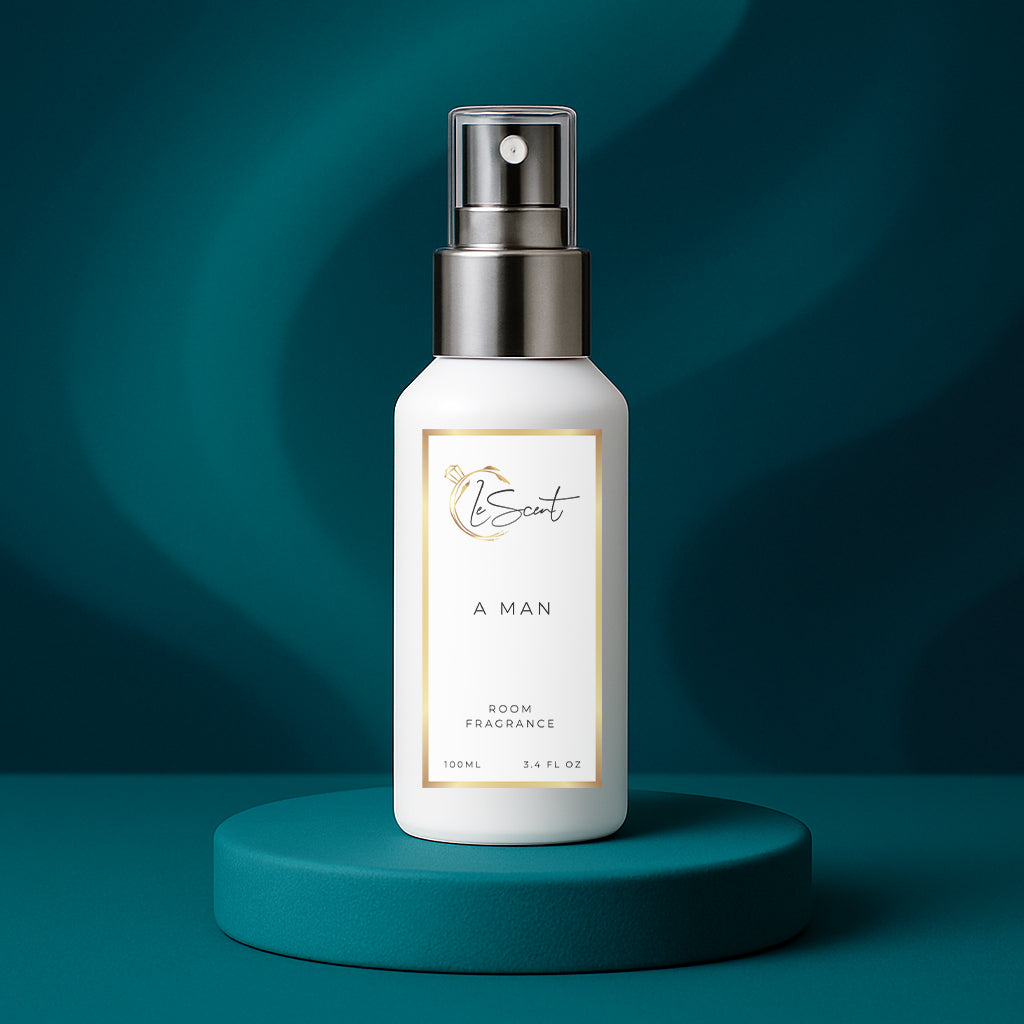 LeScent A Man room spray bottle on a teal pedestal with a dark teal wavy background, inspired by Versace Eros.