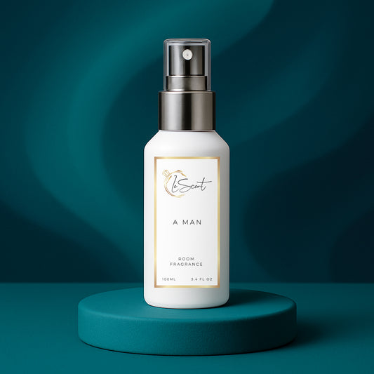 LeScent A Man room spray bottle on a teal pedestal with a dark teal wavy background, inspired by Versace Eros.