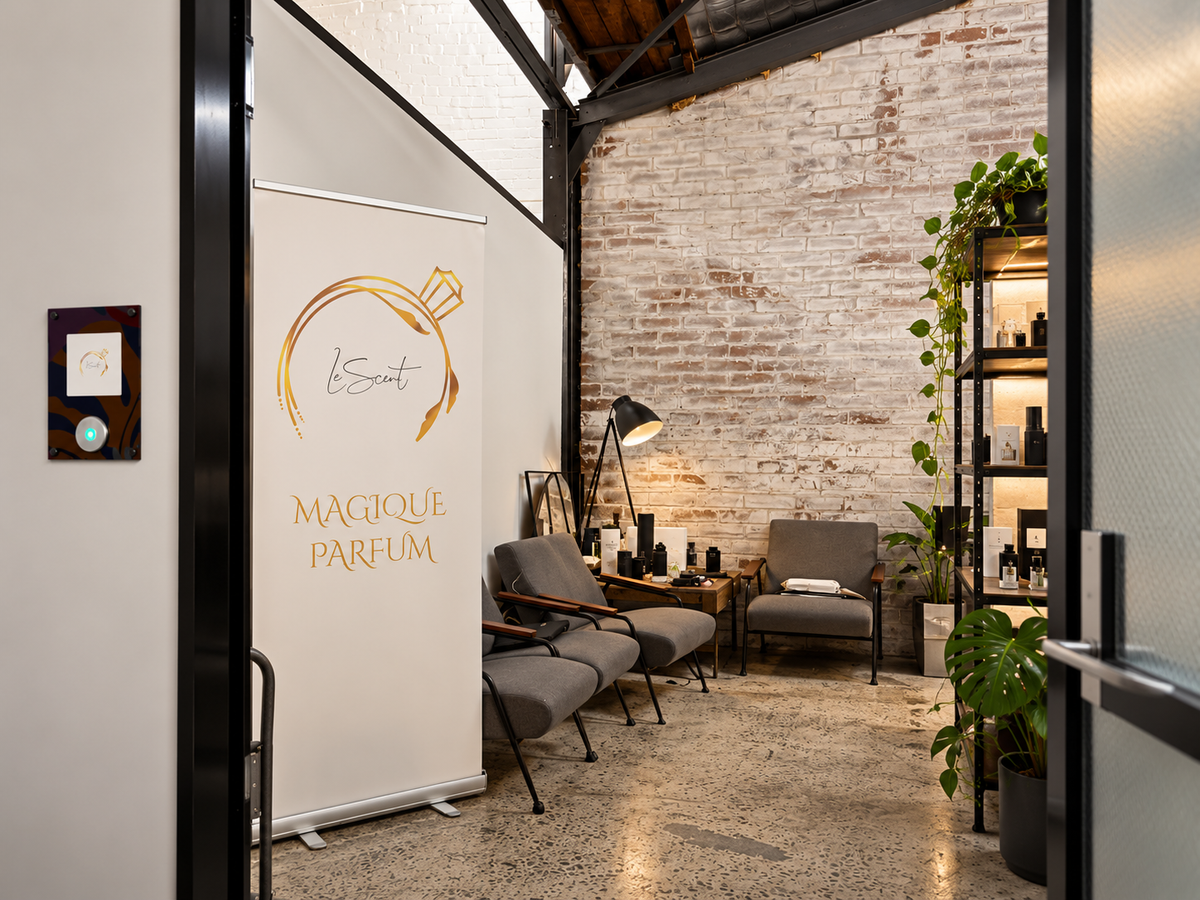 Early LeScent fragrance studio in Sydney with the Magique Parfum workspace.
